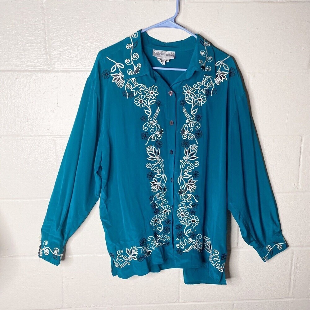 VTG Diane Von Furstenberg Silk button down Blouse Teal Embroidered Rope Sz XL